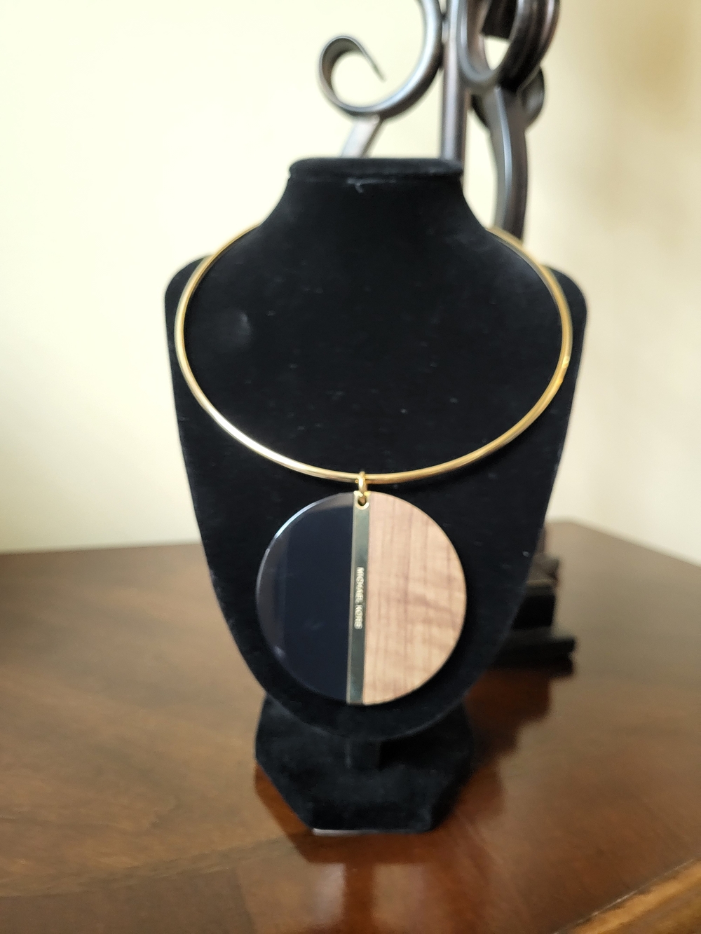 Micheal Kors Gold-Tone Collar Necklace with Black and Wood Half-Moon Pendant